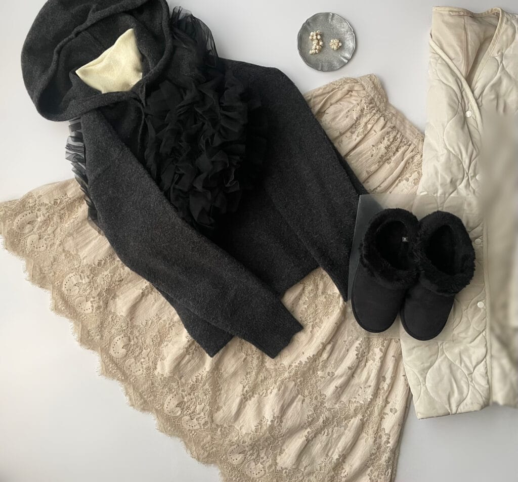 ユニクロGUコーデ2025年2月上旬置き画3 LEE100人隊 TB はな 今日なに着てる スフレヤーンニット キルティングコート