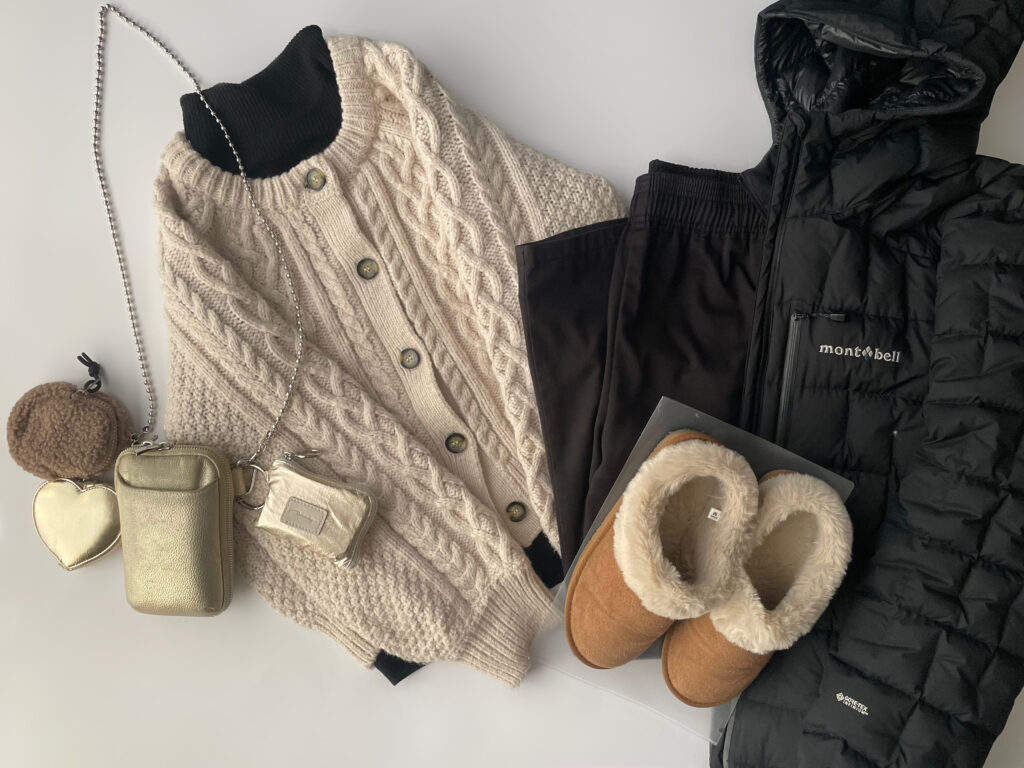 ユニクロGUコーデ2025年2月上旬置き画写真2 バズりカーデ モンベル mont-bell イグニスダウン LEE100人隊 TB はな 今日なに着てる