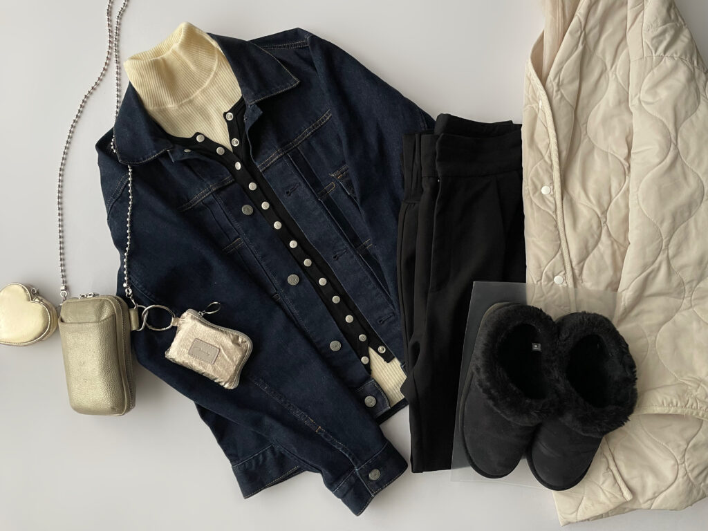 ユニクロGUコーデ2025年2月中旬置き画5　ユニクロ　UNIQLO　ジーユー　LEE100人隊　TB　はな　今日なに着てる