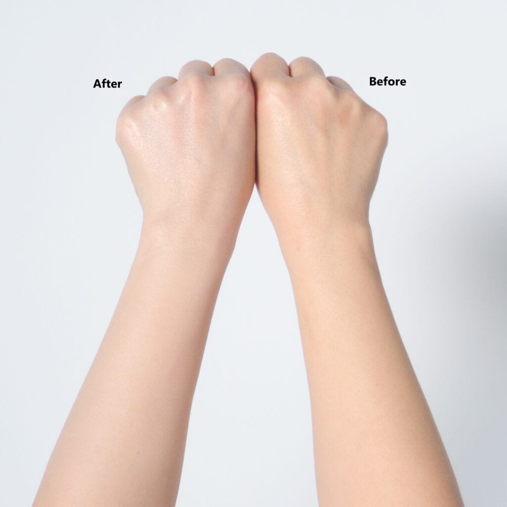 腕と手に塗ってみました。左がデイセラム Nを使用した手です。ほんのりと血色感のある、ツヤッとした肌に！