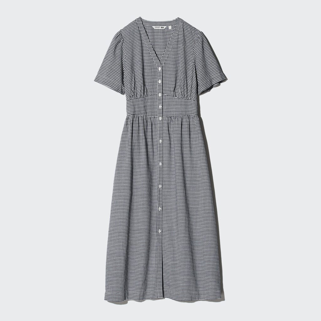 リネンブレンドVネックワンピース半袖