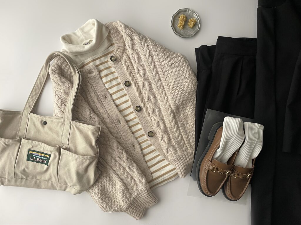 ユニクロGU無印良品ボーダーコーデ2025年3月初旬置き画5　LEE100人隊　TB　はな　今日なに着てる