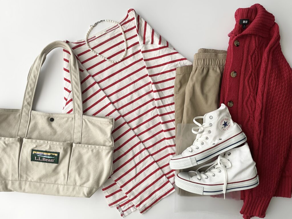 ユニクロGUボーダーコーデ3月初旬置き画1　赤ボーダーT　LEE100人隊　TB　はな　今日なに着てる