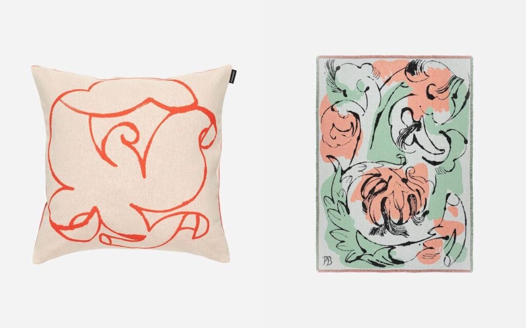 （左） Pistilla 50×50cm クッションカバー ￥14300 （右） Vildstjalk 130×180cm ブランケット ￥28600
