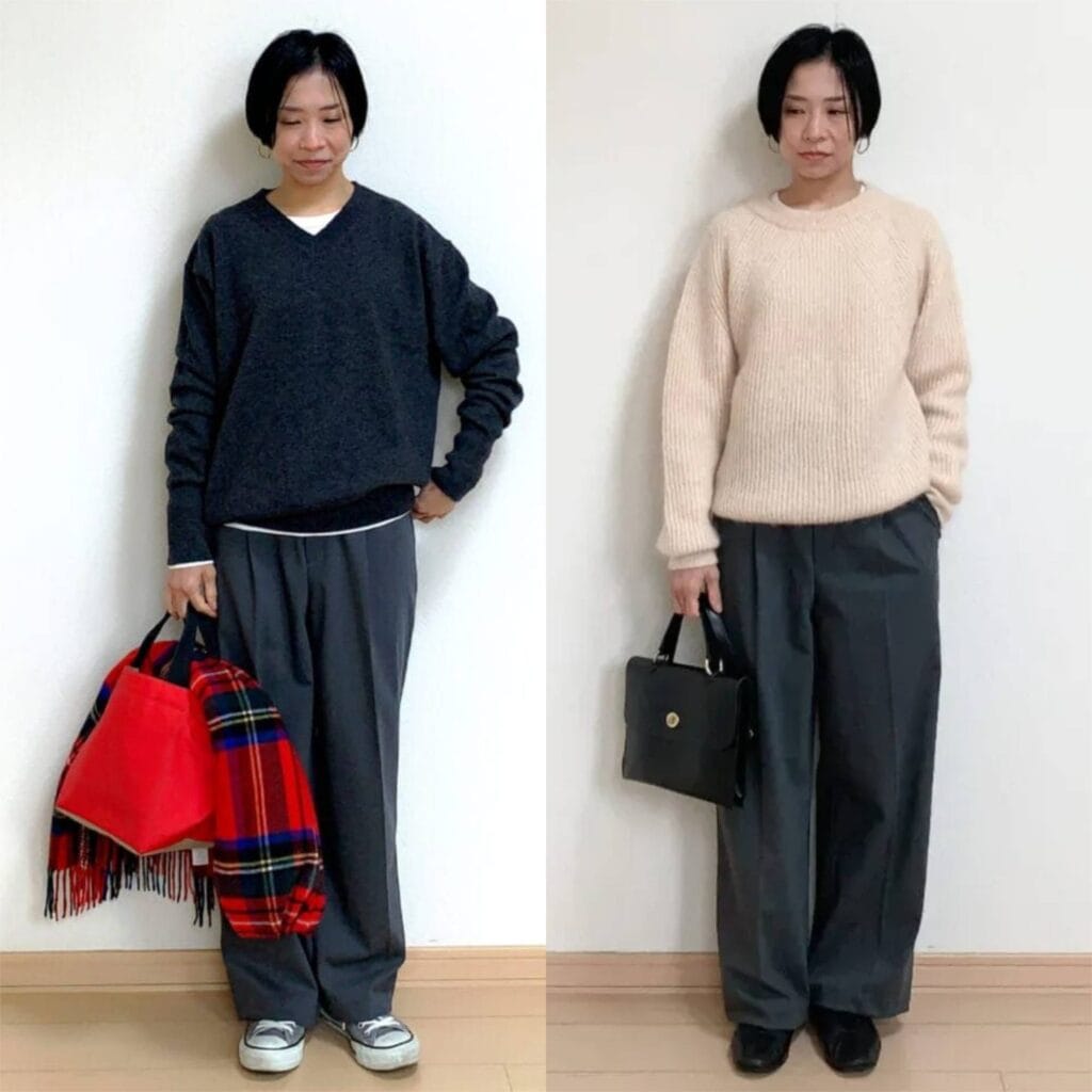 ユニクロ「タックワイドパンツ」のコーデ１，２
