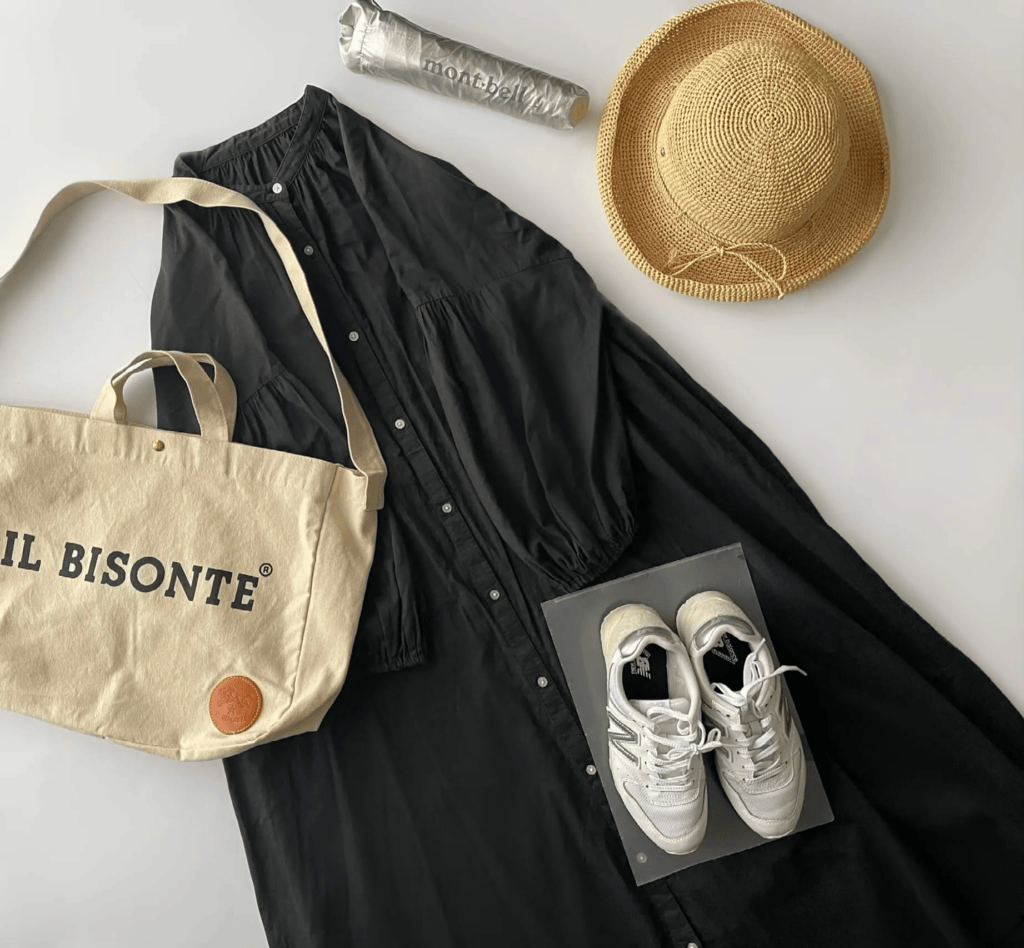 40代ママの運動会コーデ　ラフィアハット＆GUの七分袖ワンピース