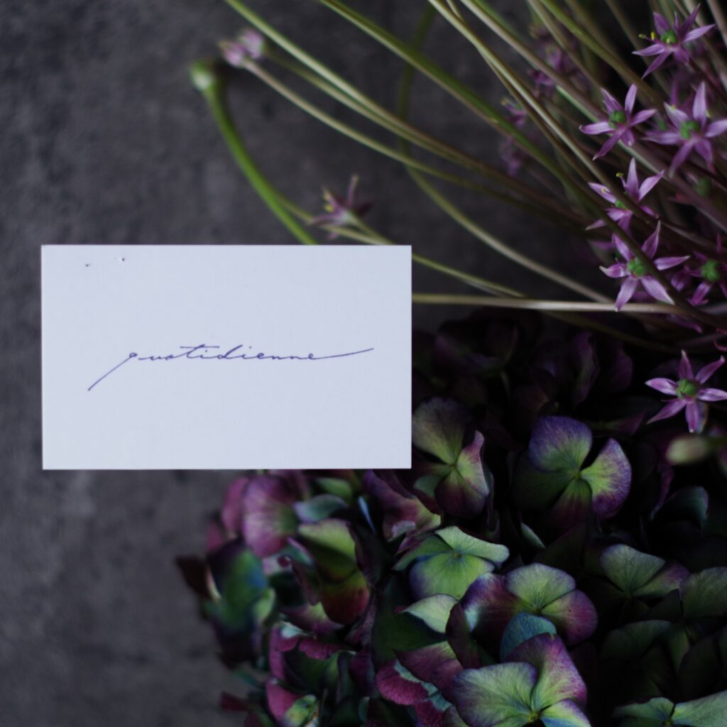 写真：quotidienneコティディエンヌ、花屋、ショップカード、紫陽花、シュベルティ、物撮り、上から