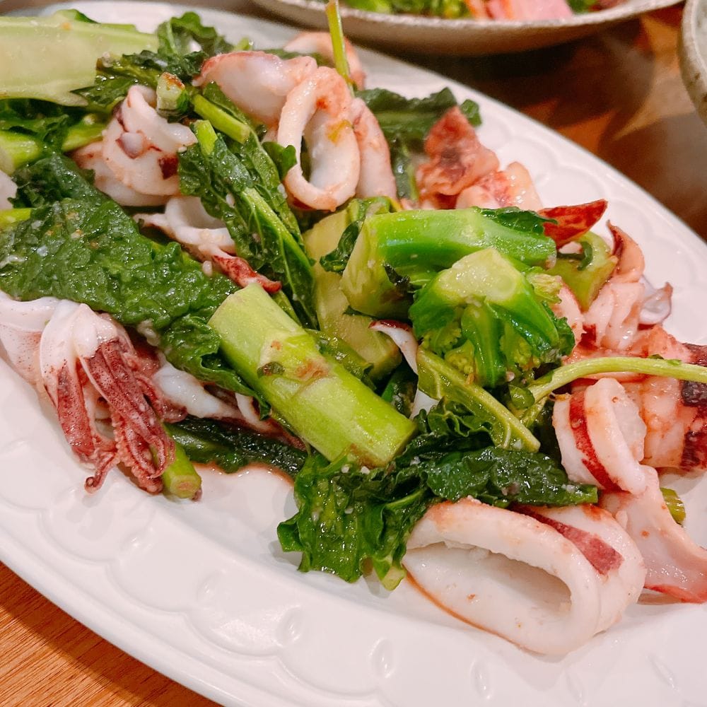 やりいか　アスパラ菜　ソテー