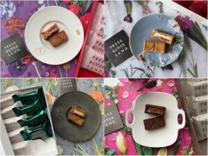 PRESS BUTTER SANDのラズベリーホワイトショコラ、チョコレート、珈琲、贅沢いちごの4種のバターサンドを、華やかな花柄の背景と個性豊かな器でスタイリングした食べ比べコラージュ写真