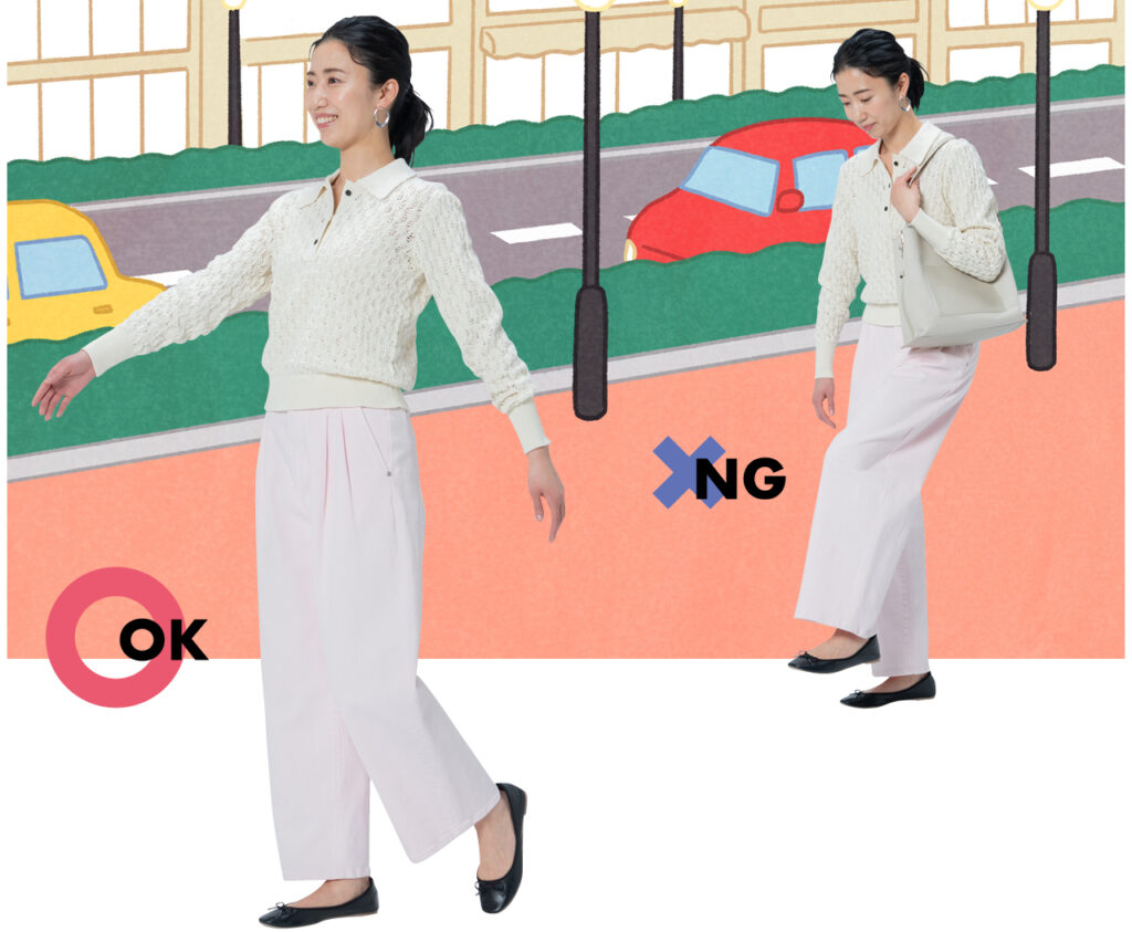 ひざを上げず、後ろ足を蹴って進む歩き方