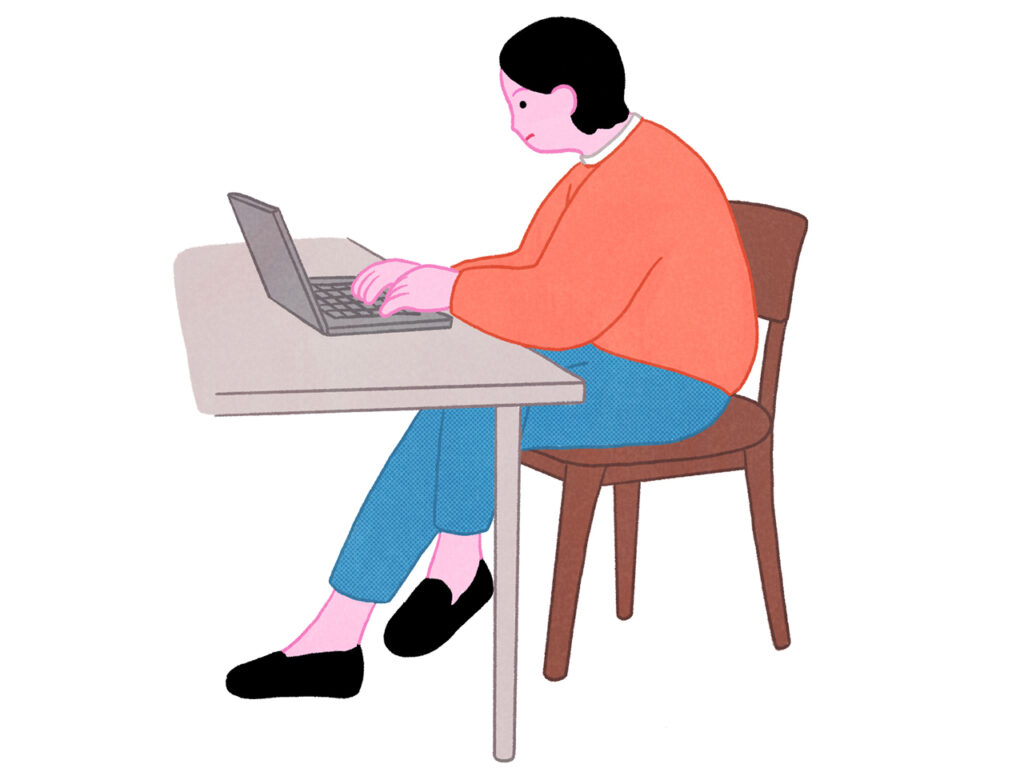 パソコン作業で前傾の姿勢を長時間とっているイラストカット