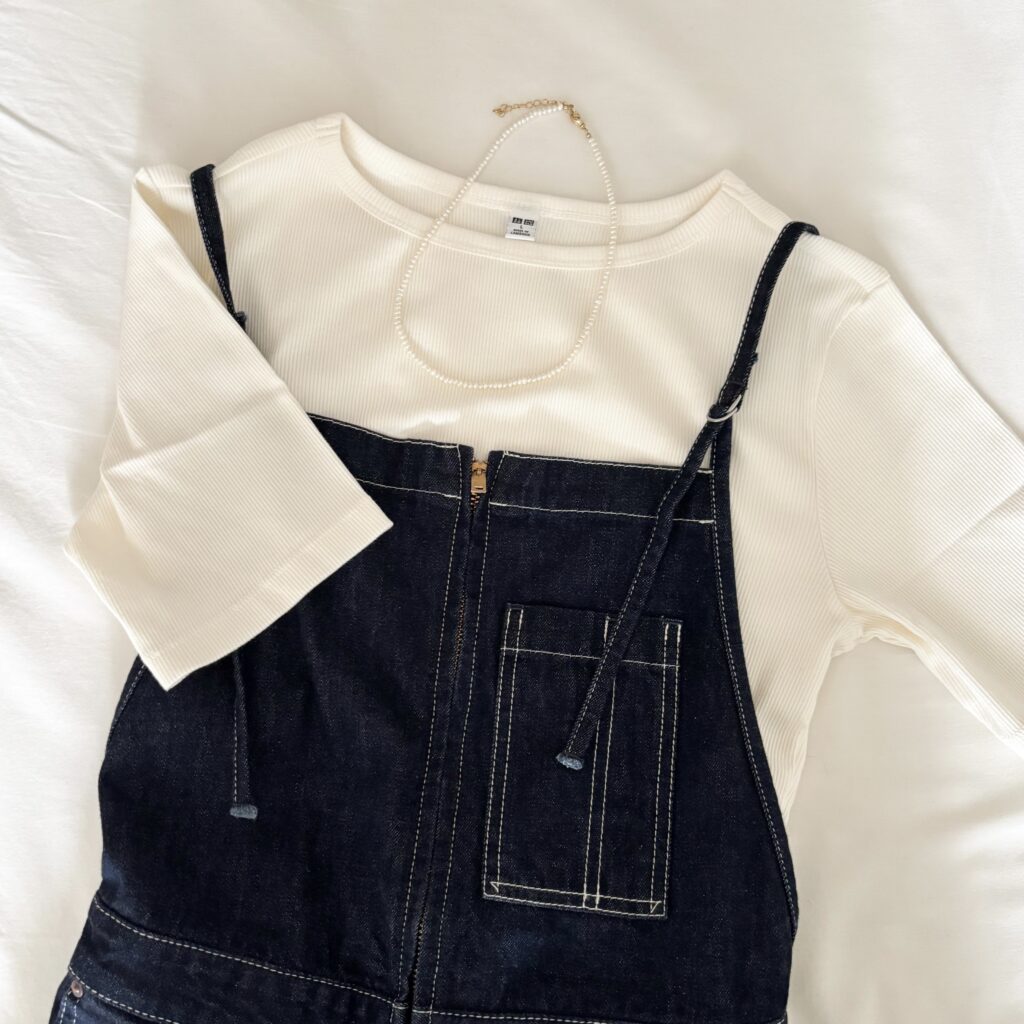 ユニクロ　リブボートネックT/5部袖　コーデ