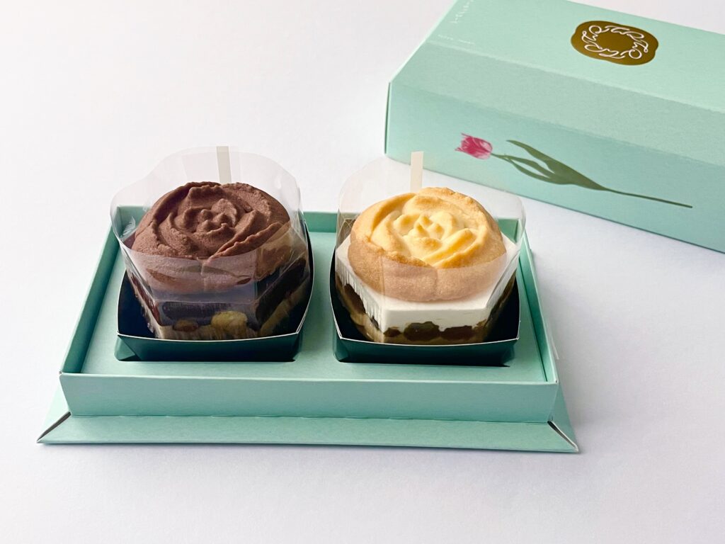 フレッシュ・チューリップローズ2種類の写真。左がプラリネチョコレート、右がミルクバターレーズン。