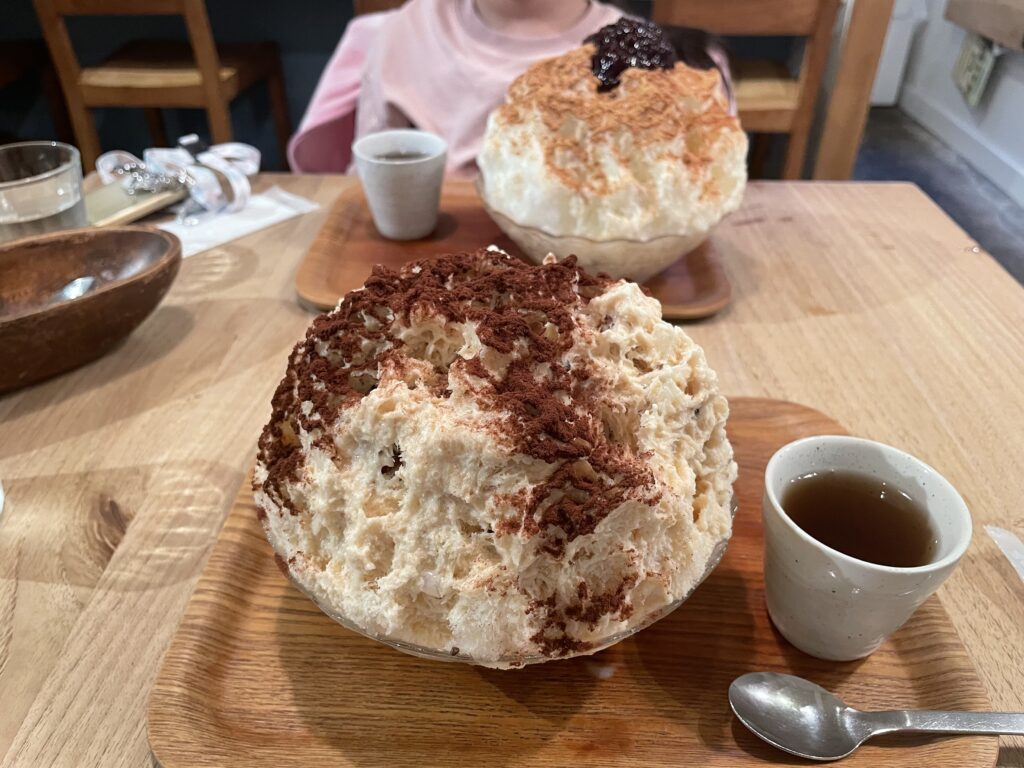 カフェクノップゥのかき氷、手前は酒かすおかか、奥は黒米きなこ。