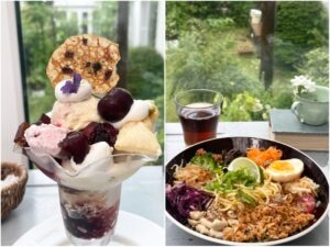 2025年5月にカフェネイビーを訪れた時の写真。ベリーとチェリーのParfait、エスニック和え麺。