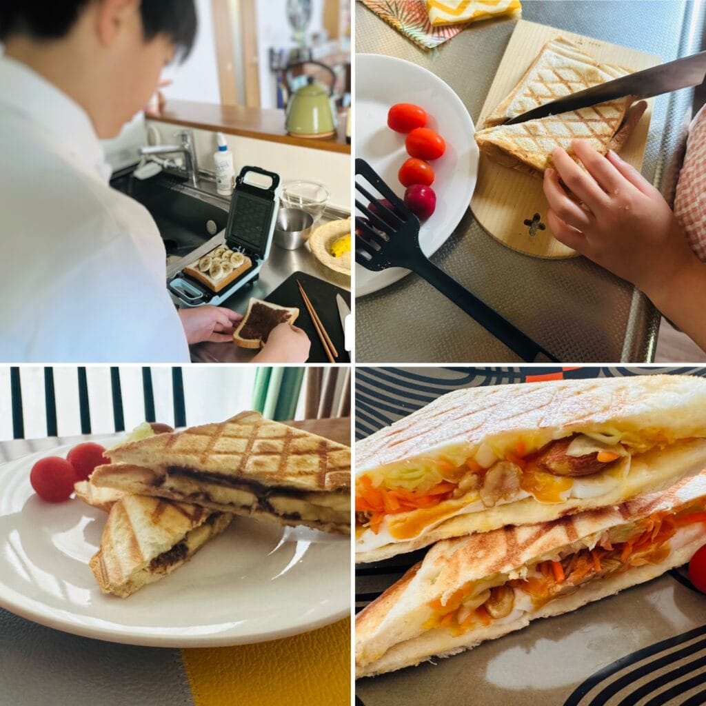 ホットサンドメーカーで夏休みのお昼ご飯をつくる子ども