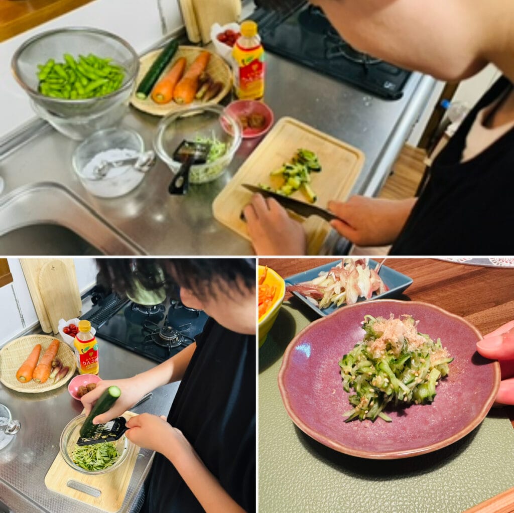 「梅ときゅうりの和え物」作りを練習する長男