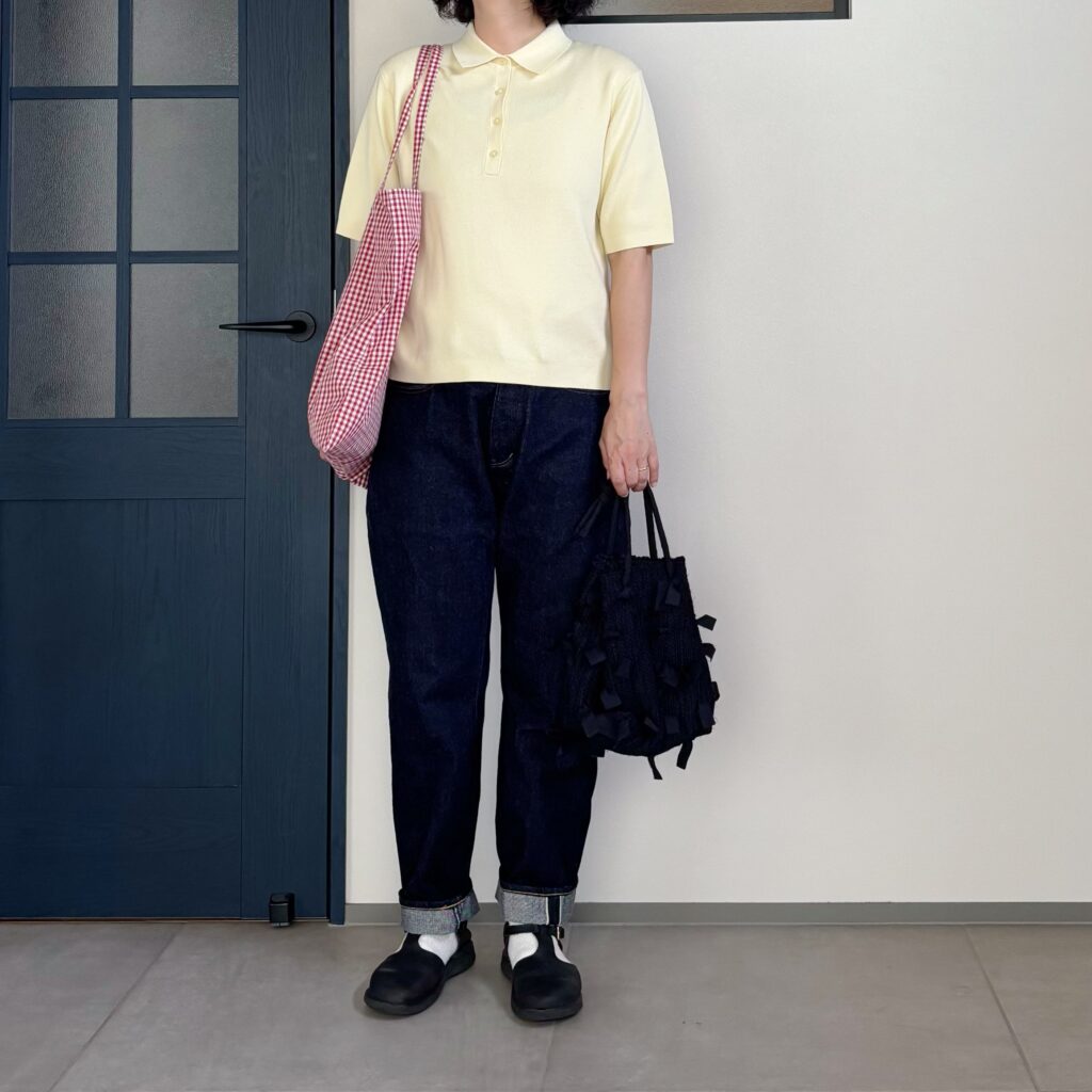 ユニクロ「ポロセーター半袖（YELLOW）」のコーデ１