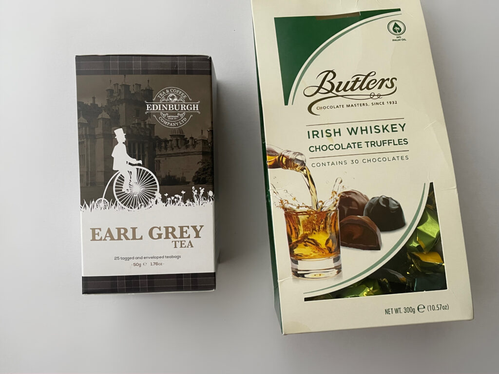 エディンバラ ティー＆コーヒーのアールグレイのティーバッグとアイリッシュウィスキーボンボン。