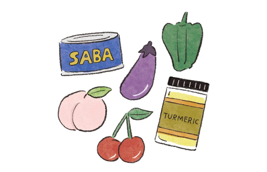 サバ缶（青魚）、ピーマン、なす、桃、さくらんぼ、ターメリック（カレー粉）