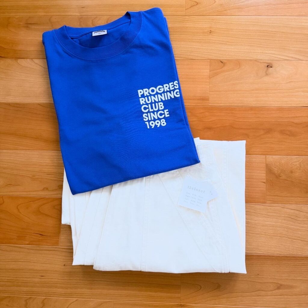 12closet 石上美津江さんコラボProgress Running ClubのTシャツとカーヴィパンツ