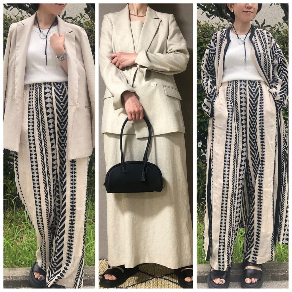 ヌキテパ　アーバンリサーチドアーズ　ジャカード柄パンツ　ユニクロ　インナー　マルシェ　かごバッグ　ドクターマーチン　サンダル　グリフォン　コードネックレス　インムード　40代　コーデ　夏　ガウンワンピース　グリーンレーベルリラクシング　セットアップ