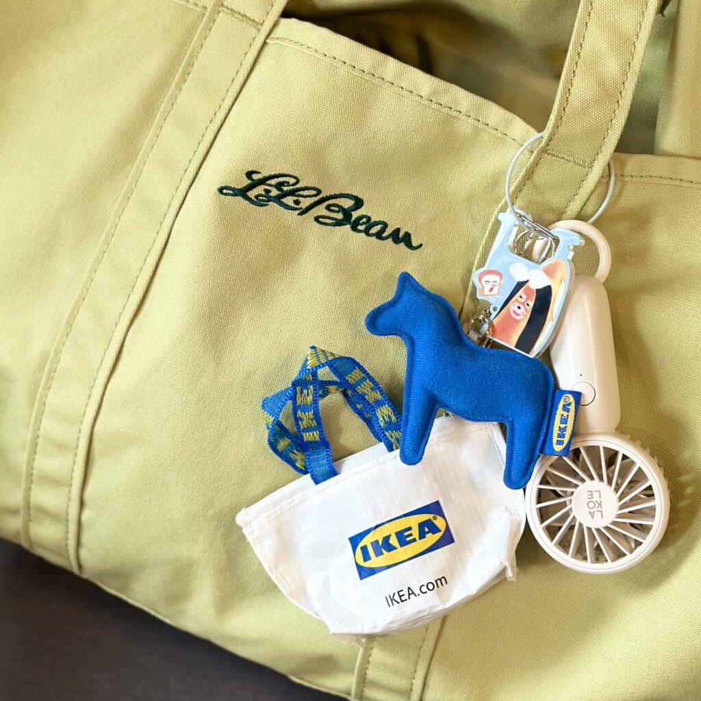 ハンディファンやIKEAのバッグ型ポーチなどをじゃら付けされたL.L.Beanグローサリートート