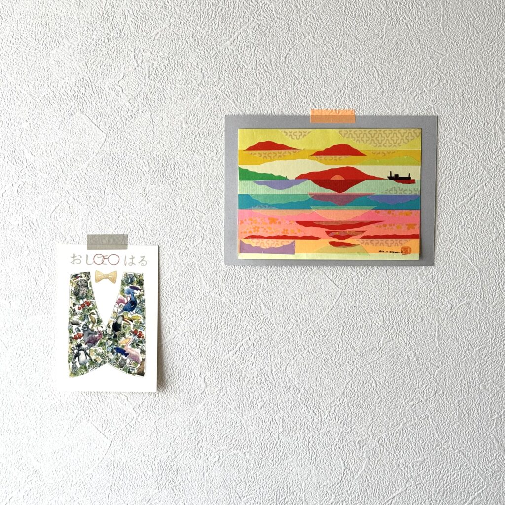 マスキングテープ　ちぎり絵　Izumiya夕日の海の作品　　ワークショップ　おしてはる　ツバメ舎