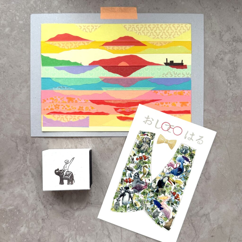 マスキングテープ　ちぎり絵　Izumiya夕日の海の作品　消しゴムハンコ　ツバメ舎　エスニック　ワークショップ　