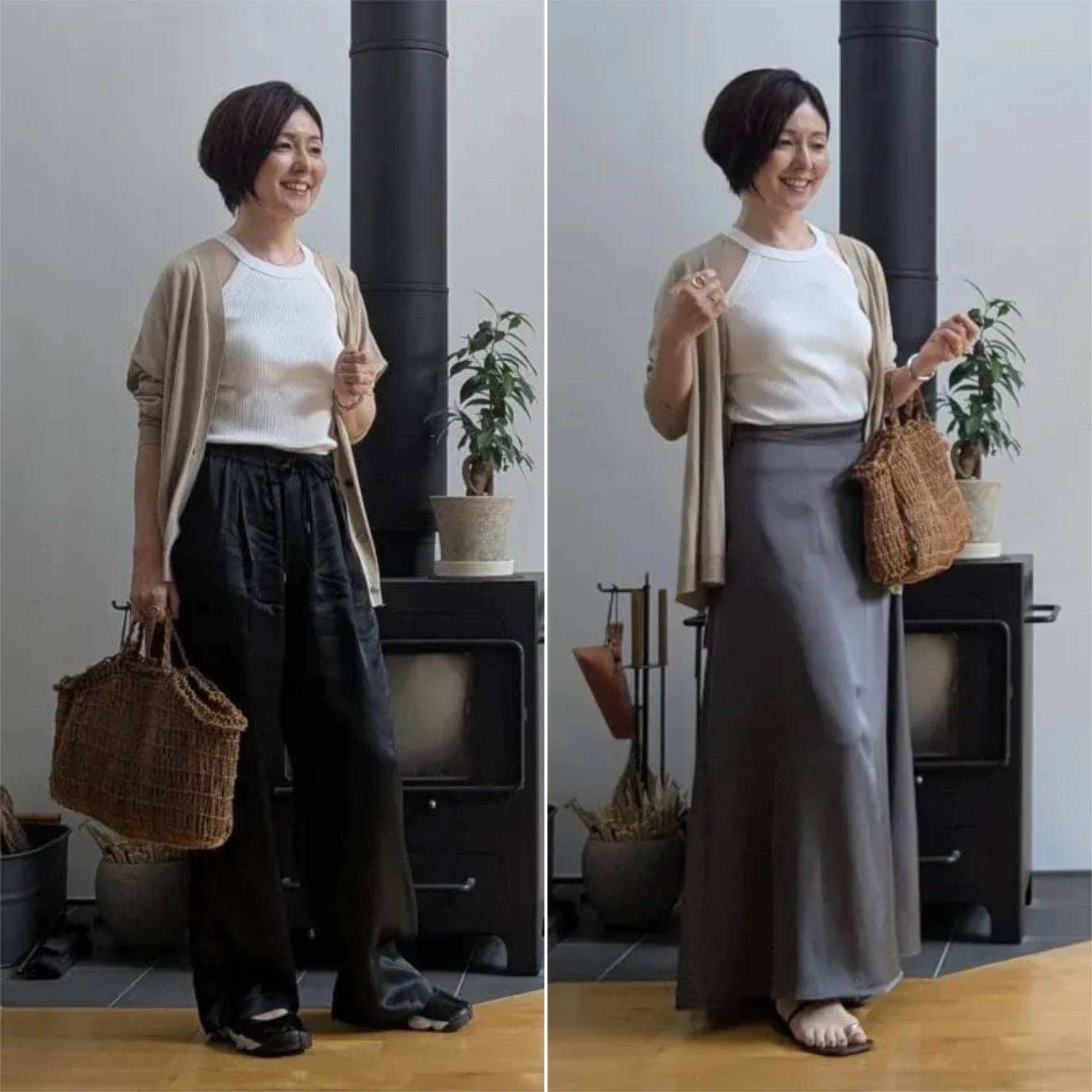 ユニクロ「ホルターネックブラタンクトップ」のコーデ　ベージュのカーディガン