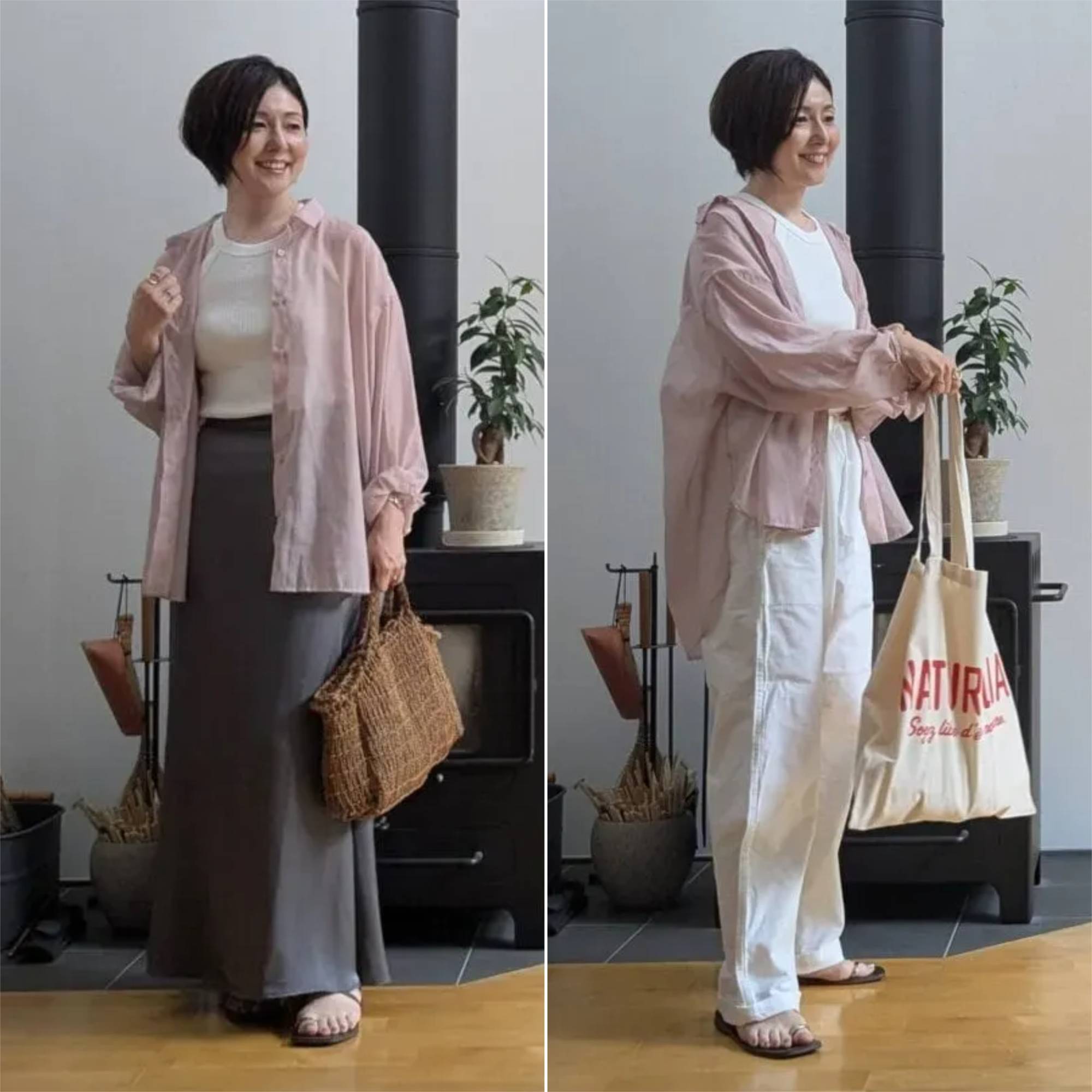 ユニクロ「ホルターネックブラタンクトップ」のコーデ　ピンクのシアーシャツ