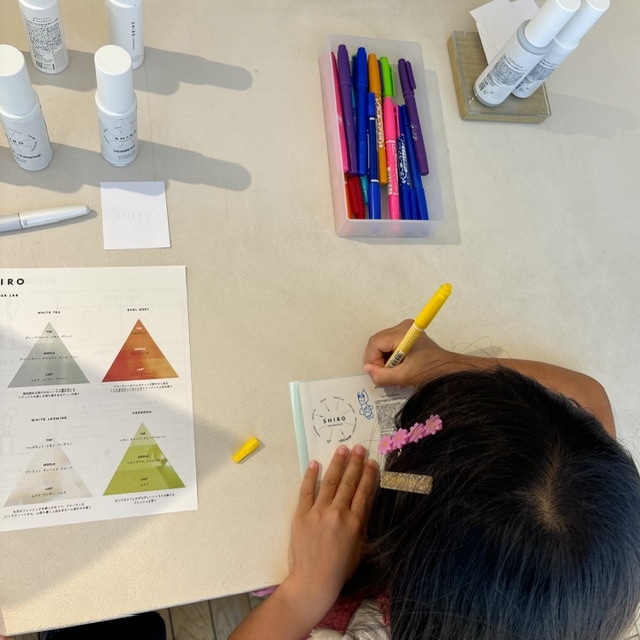 SHIRO砂川本店・みんなの工場のブレンダーラボでラベルを記入している写真