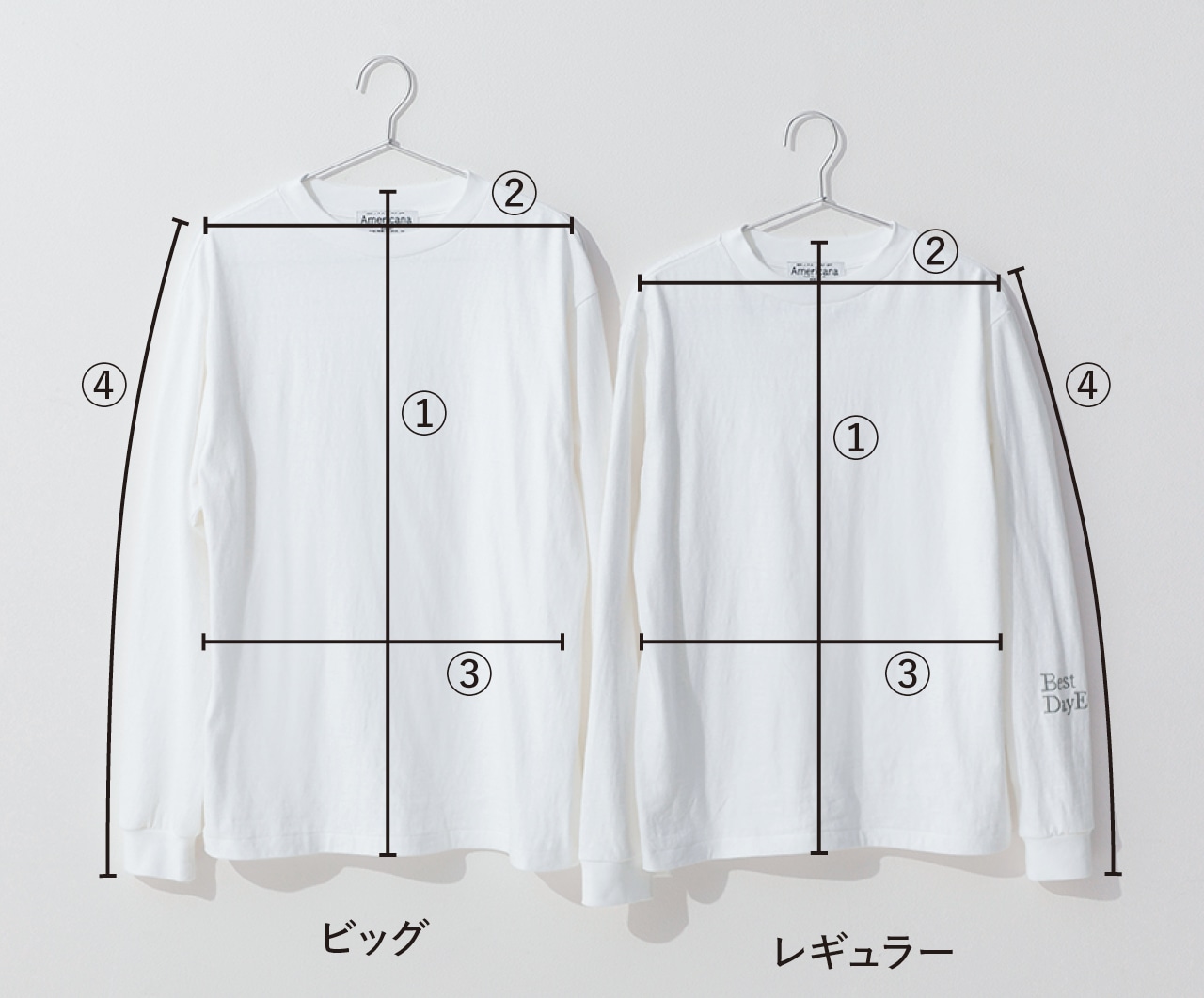 LEE DAYS限定 Americana 〈アメリカーナ〉［洗える］【五明祐子さんコラボ】エンブロイダリーロングスリーブT　レギュラーサイズ①着丈：63.5㎝、②肩幅：45.5㎝、③身幅：52.5㎝、④袖丈：61㎝　ビッグサイズ①着丈：69㎝、②肩幅：50㎝、③身幅：54㎝、④袖丈：64㎝