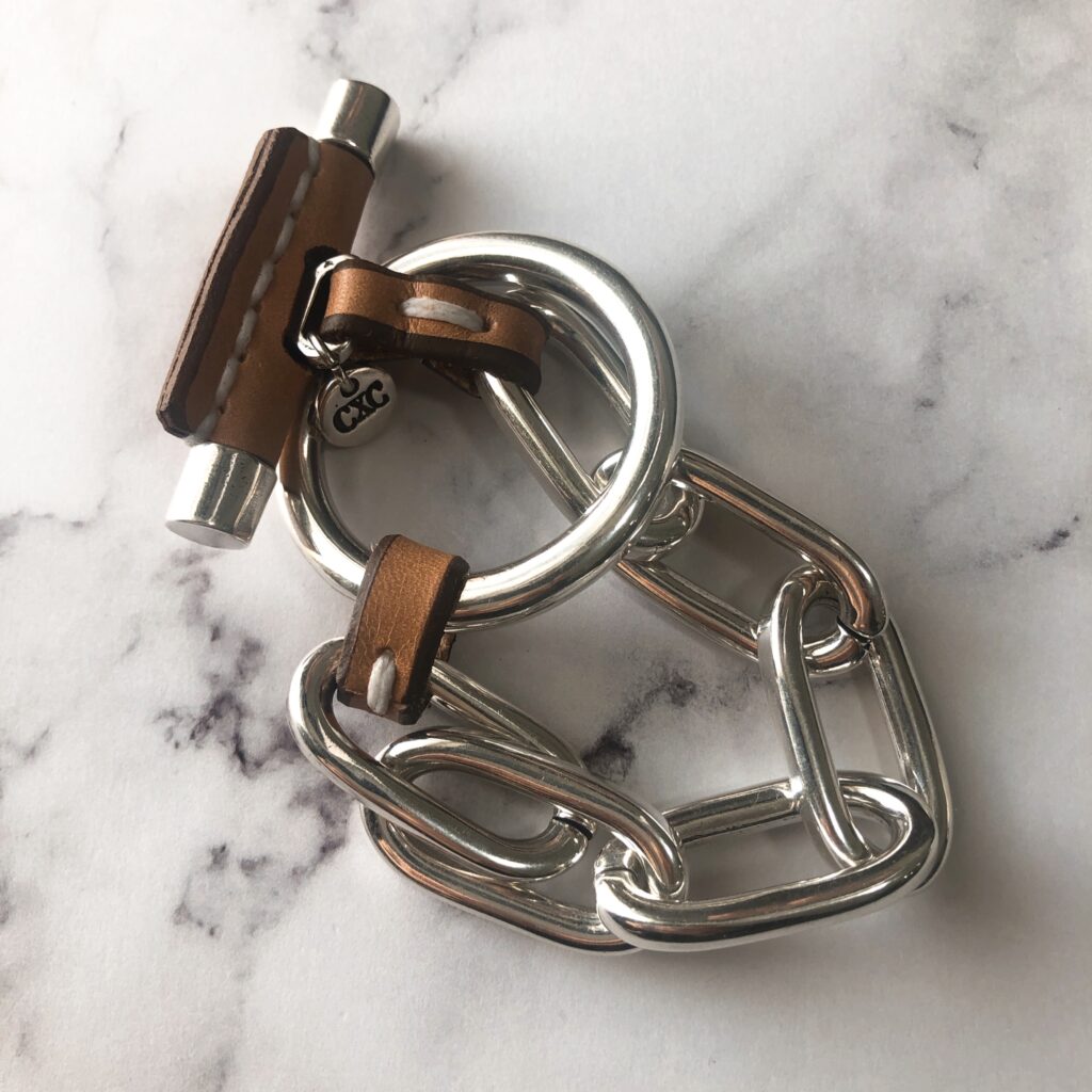 CXC シーエックスシー　レザー　コンビ　チェーン　ブレスレット　キャメル　シルバー　アマン　バングル