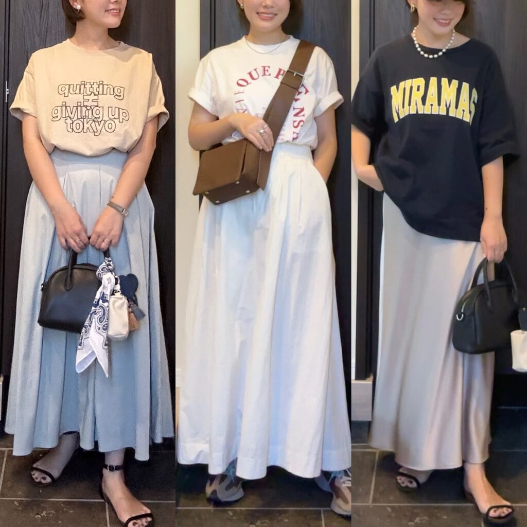 8月上旬】30代ママの夏コーデ3days | ロゴTシャツとスカートさえあれば