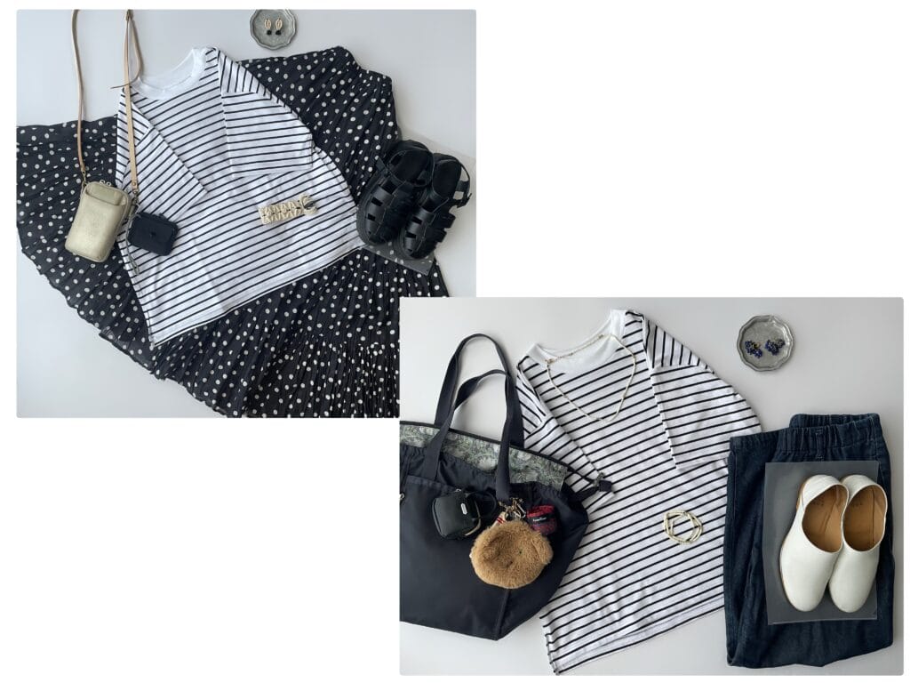 ユニクロのエアリズムコットンT/ボーダー（WHITE）で作るコーデ2パターン。写真が2枚並んでいる。