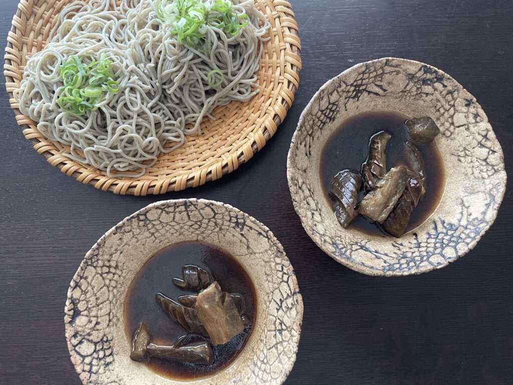 本多理恵子さんのレシピ「なすの甘酢漬けそば」を40代主婦が作ってみた写真。本多あつみさん作陶のボウルに漬け汁が入っている。