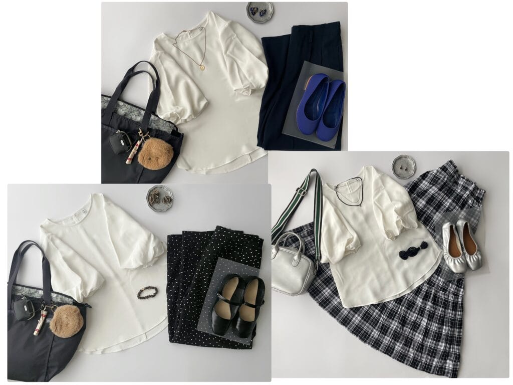 GUのバブルスリーブブラウス（5分袖）WHITEを使ったコーデ3パターンを並べたもの