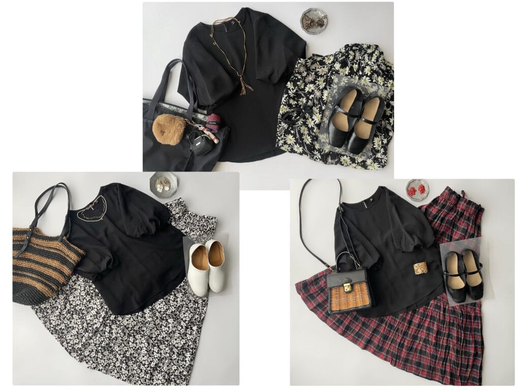 GUのバブルスリーブブラウス（5分袖）BLACKを使ったコーデ例3パターンを並べた写真。