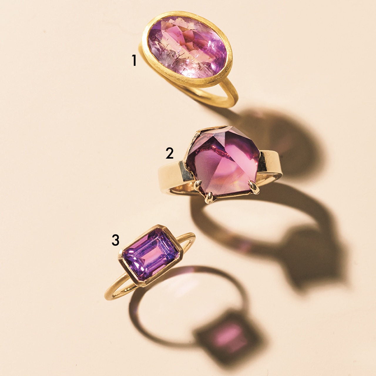 パープルの色石リング３つ