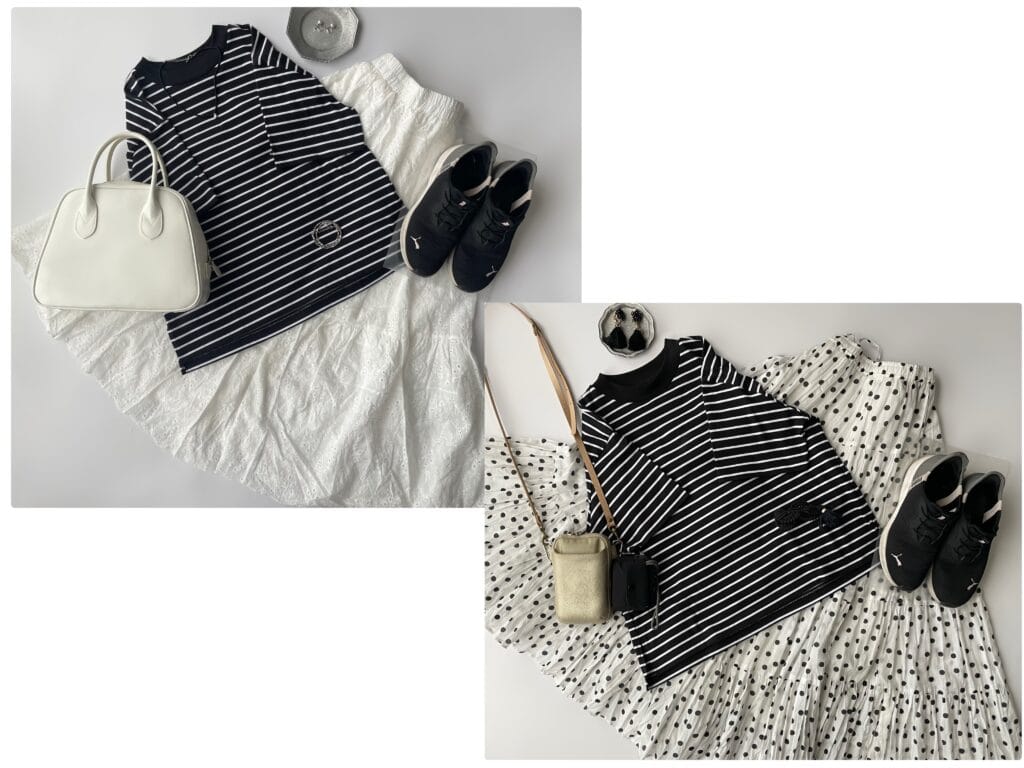 ユニクロのエアリズムコットンT/ボーダー（BLACK）で作るコーデ2パターン。写真が2枚並んでいる。