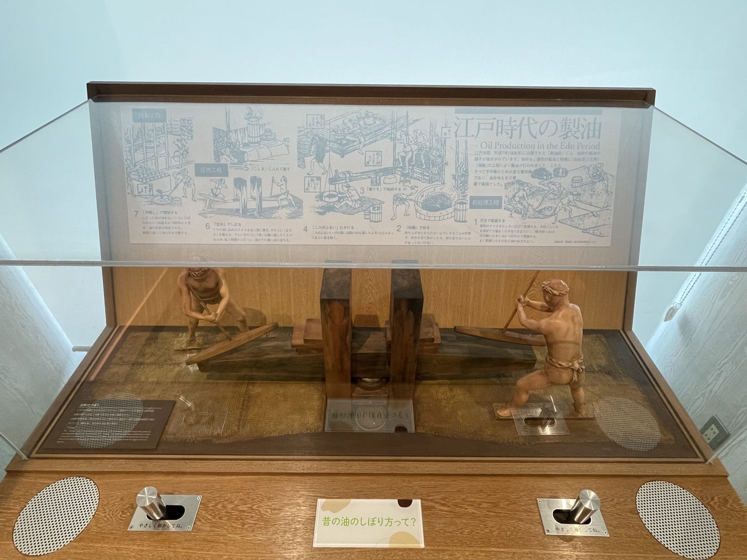 日清オイリオ磯子事業場内、「あぶらミュージアム」での「昔の油のしぼり方」展示。