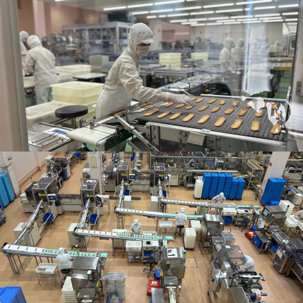 うなぎパイファクトリーの工場見学の様子。手作業と機械。