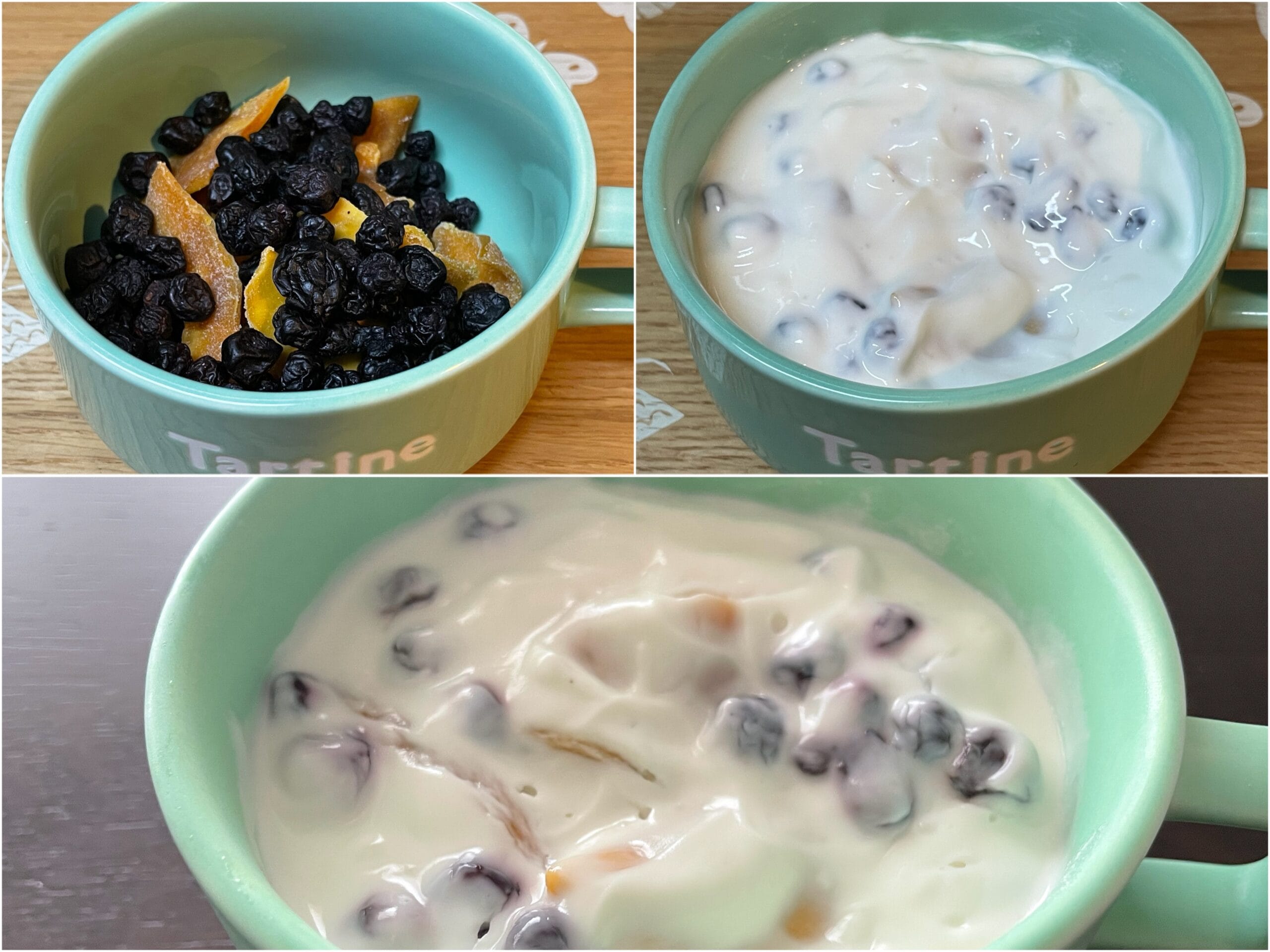 プレミアム湯田ヨーグルトの中にドライマンゴーとドライブルーベリーを入れた写真。