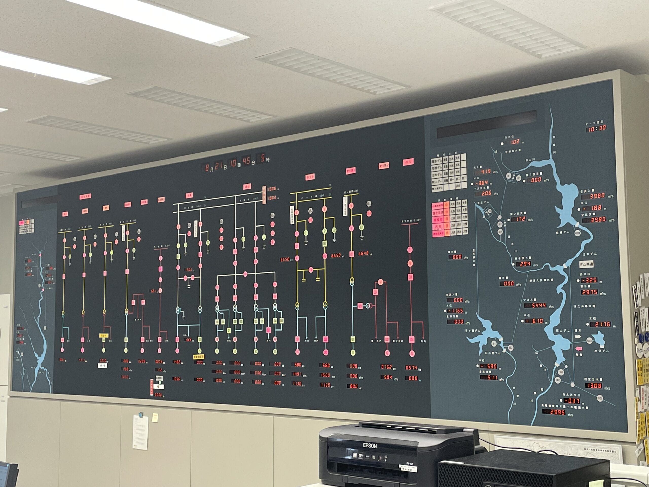 城山発電所内、発電総合制御室のパネル