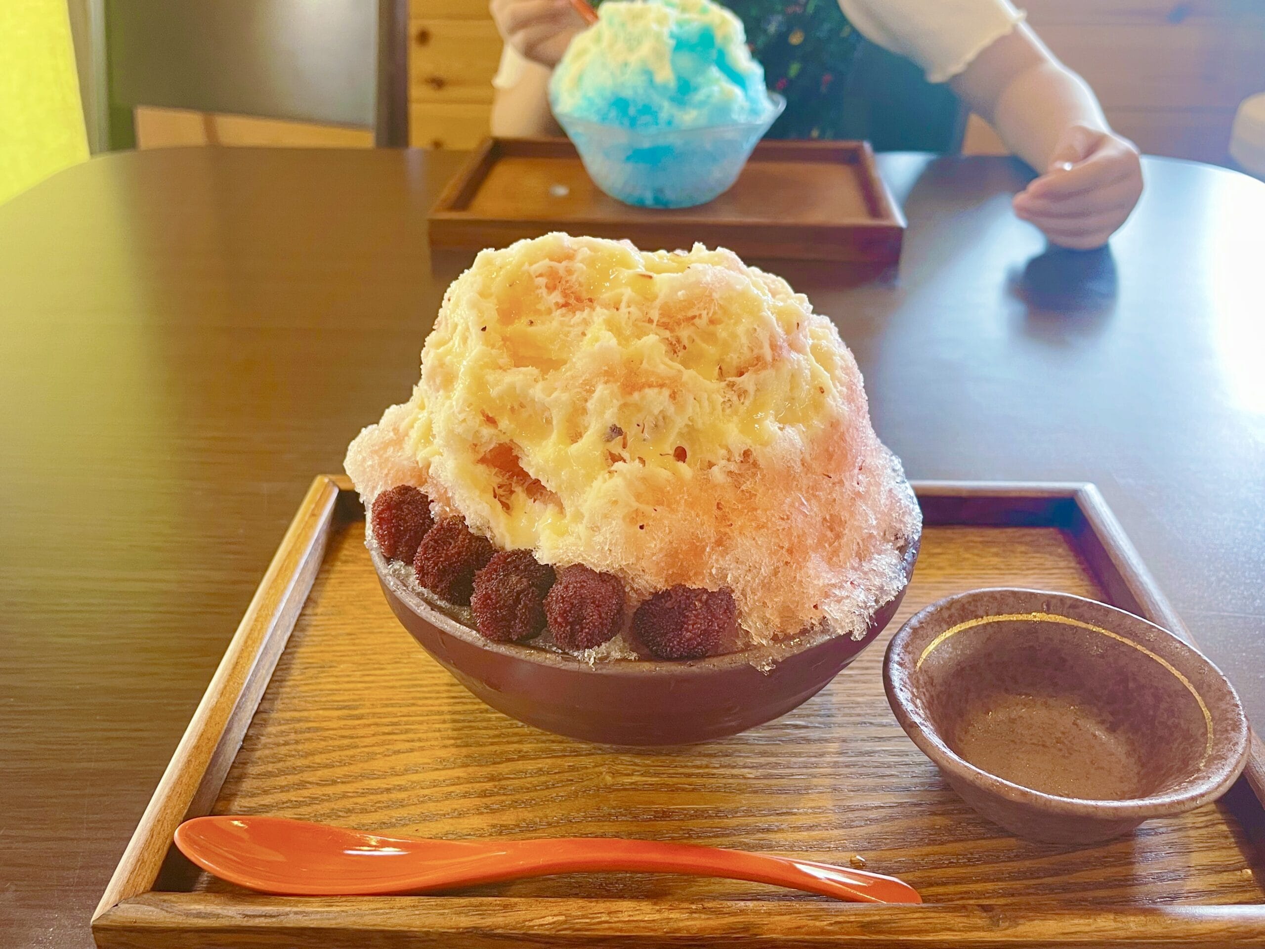 農産物直売所「南」でのイートイン。手前が藤沢ヤマモモはちみつ風味、奥がブルーハワイ。