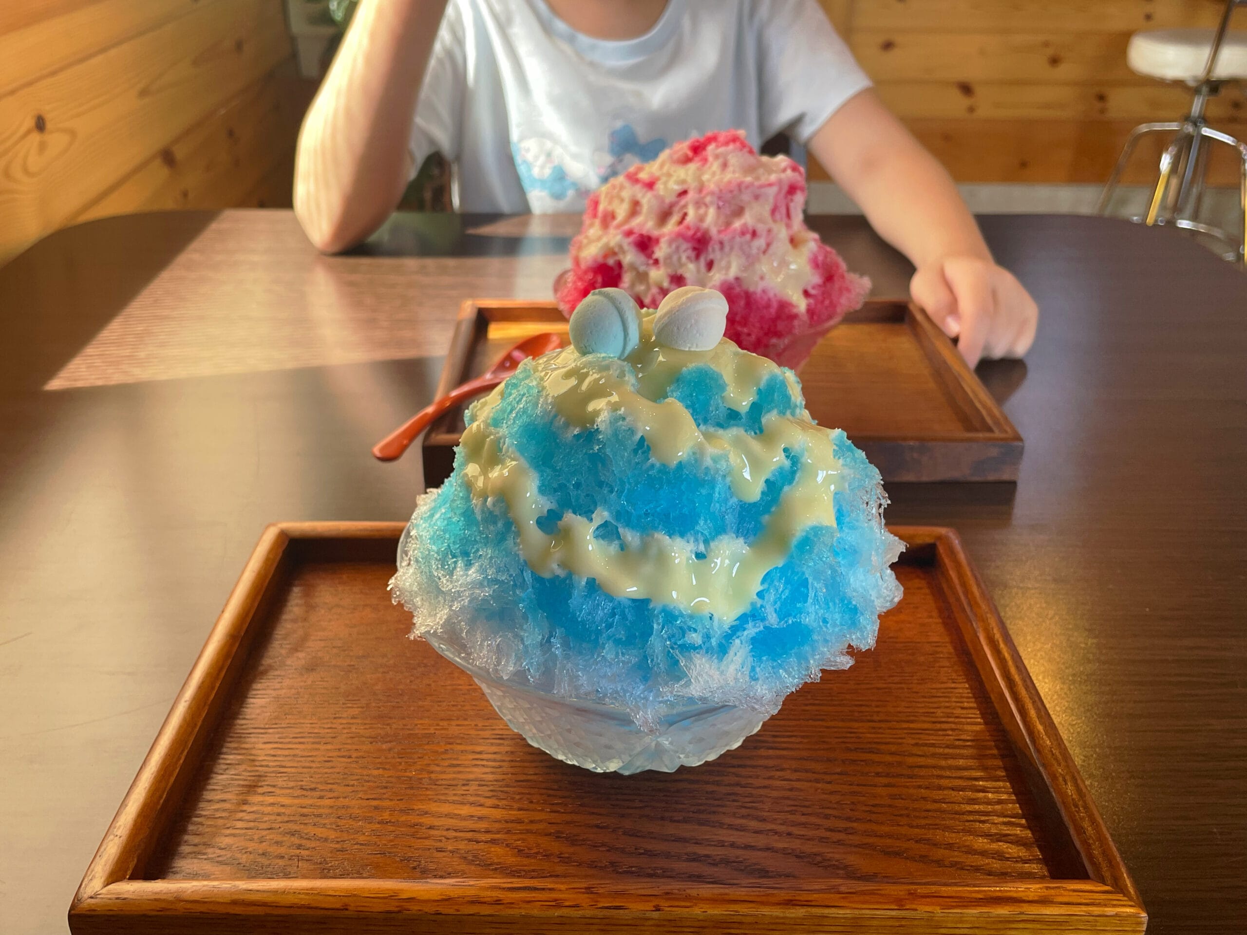 農産物直売所「南」でイートイン、かき氷はブルーハワイといちごが並んでいる。