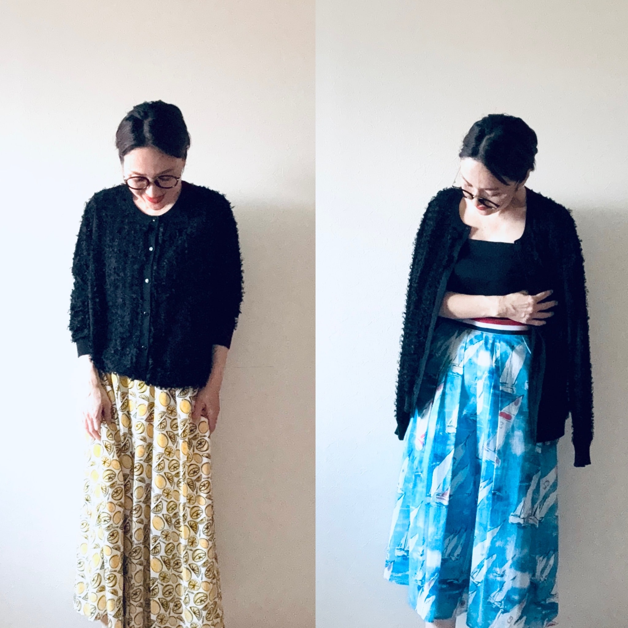 DRAWER　M.SUMMER3 16Gカットフリンジカーディガン、allureville（アルアバイル）リモーネプリントタックスカート
下：LOULOU WILLOUGHBY（ルルウィルビー） マリーナプリントフレアスカート