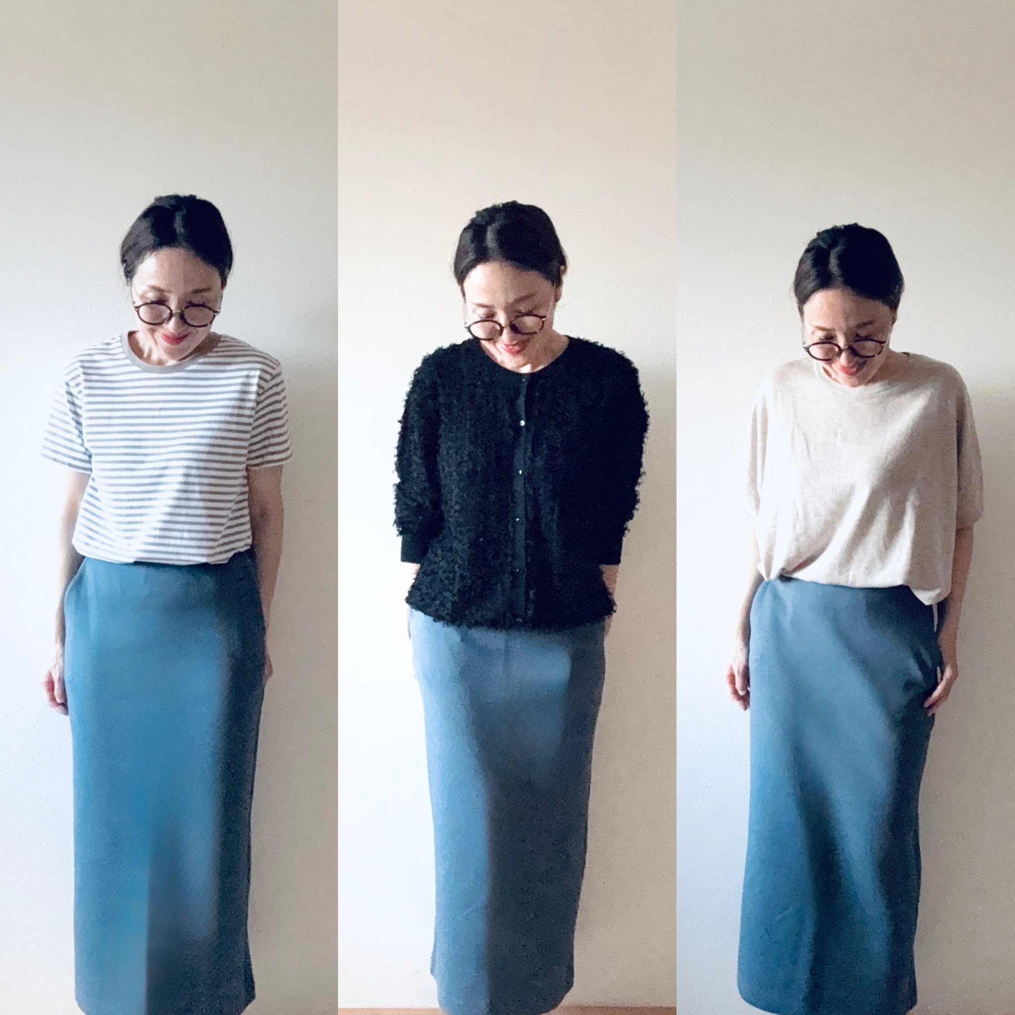 無印良品 天竺編みクルーネック半袖Ｔシャツ　婦人Ｍ・グレイッシュブラウンボーダー、DRAWER「M.SUMMER3 16Gカットフリンジカーディガン、無印良品 なめらか天竺編みドルマンセーター 婦人Ｓ・オートミール、二重編みスウェットスカート　婦人Ｓ・スモーキーブルー