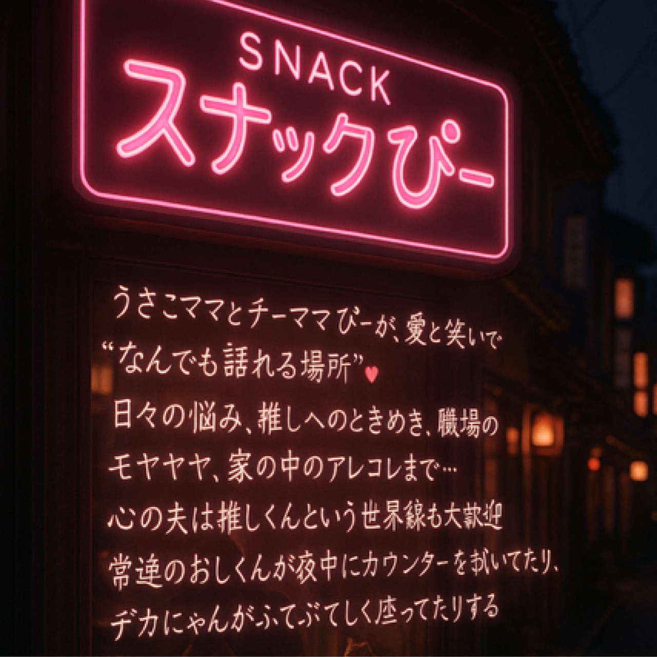 『スナックみたいだね』と伝えると『じゃあ看板出そうか？』と、ドラマのプロローグのような文言付きで完成（笑）